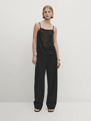 Strappy linen blend top with straight neckline