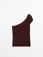 Semi-sheer ribbed top with an asymmetric neckline