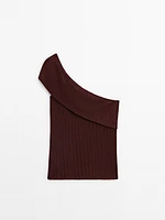 Semi-sheer ribbed top with an asymmetric neckline