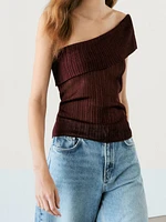 Semi-sheer ribbed top with an asymmetric neckline