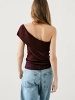 Semi-sheer ribbed top with an asymmetric neckline