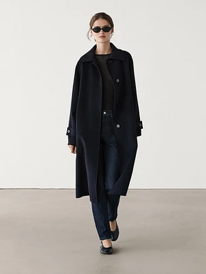 Long pinstripe wool blend coat