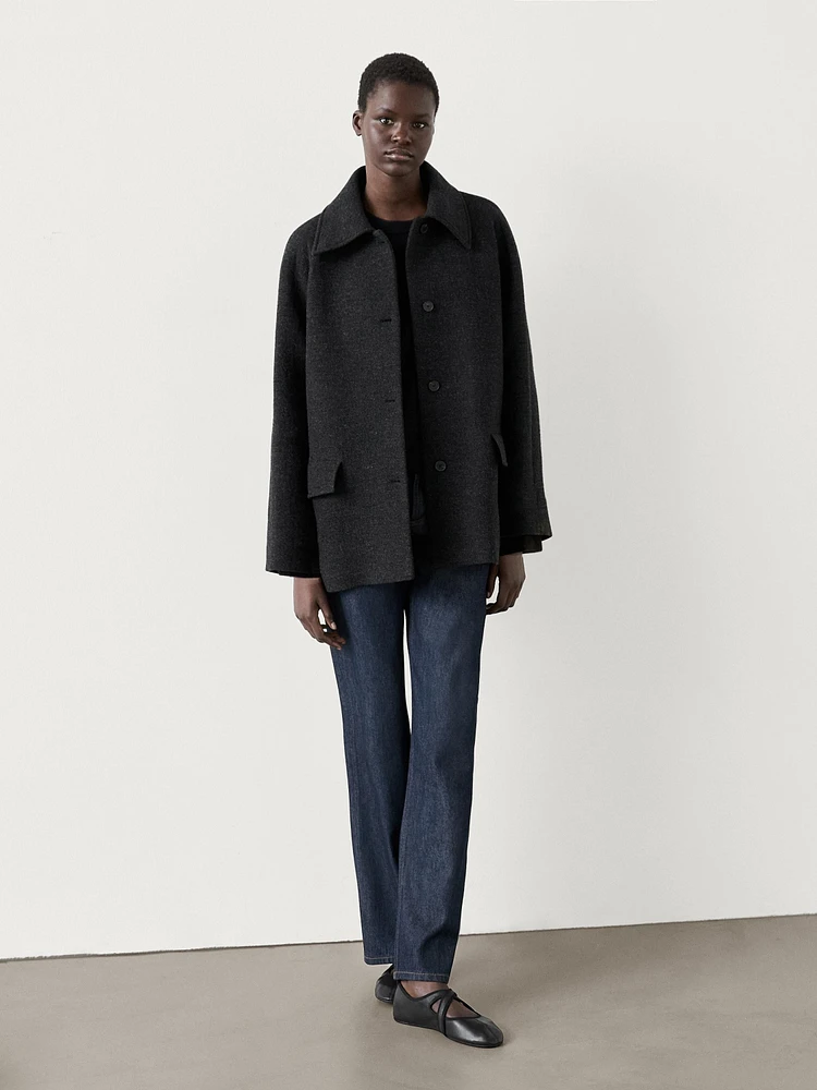 Mid-length buttoned wool blend coat