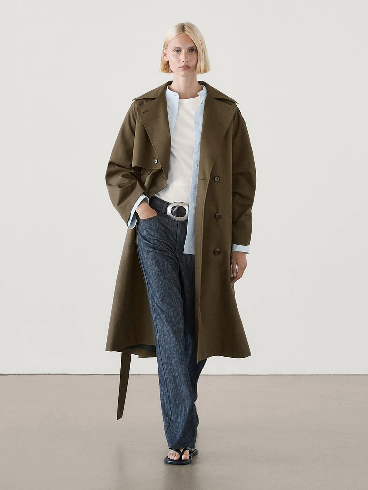 Cotton blend trench coat with shoulder tab detail