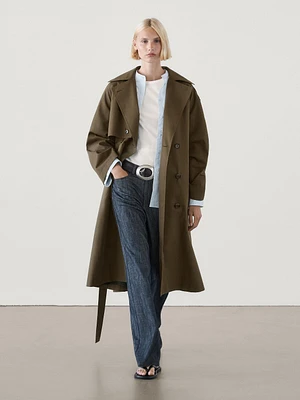 Cotton blend trench coat with shoulder tab detail