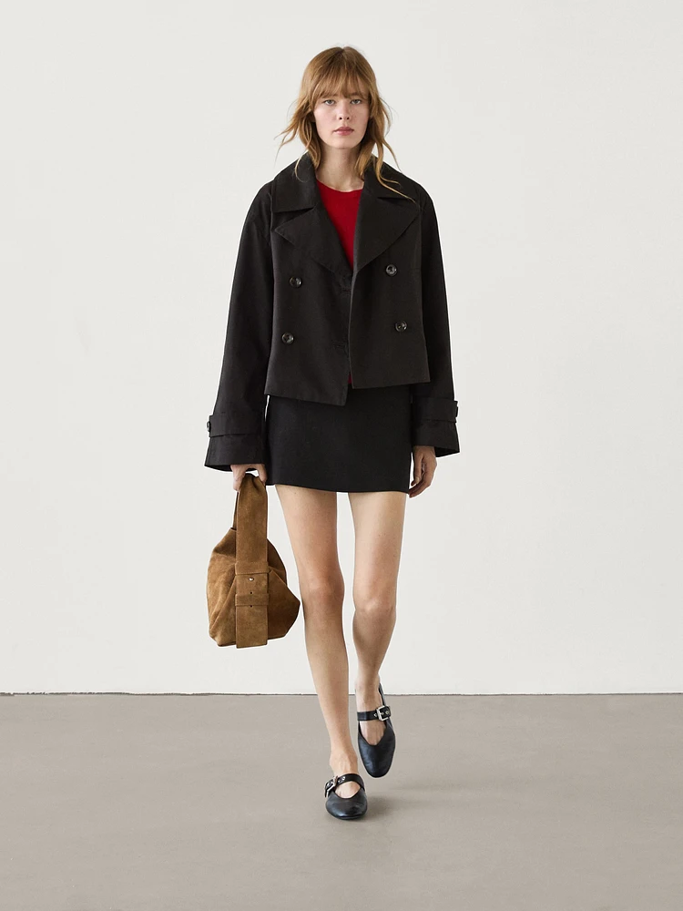 Short cotton trench coat with lapels