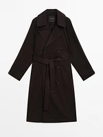 Long trench coat with belt and yoke detail