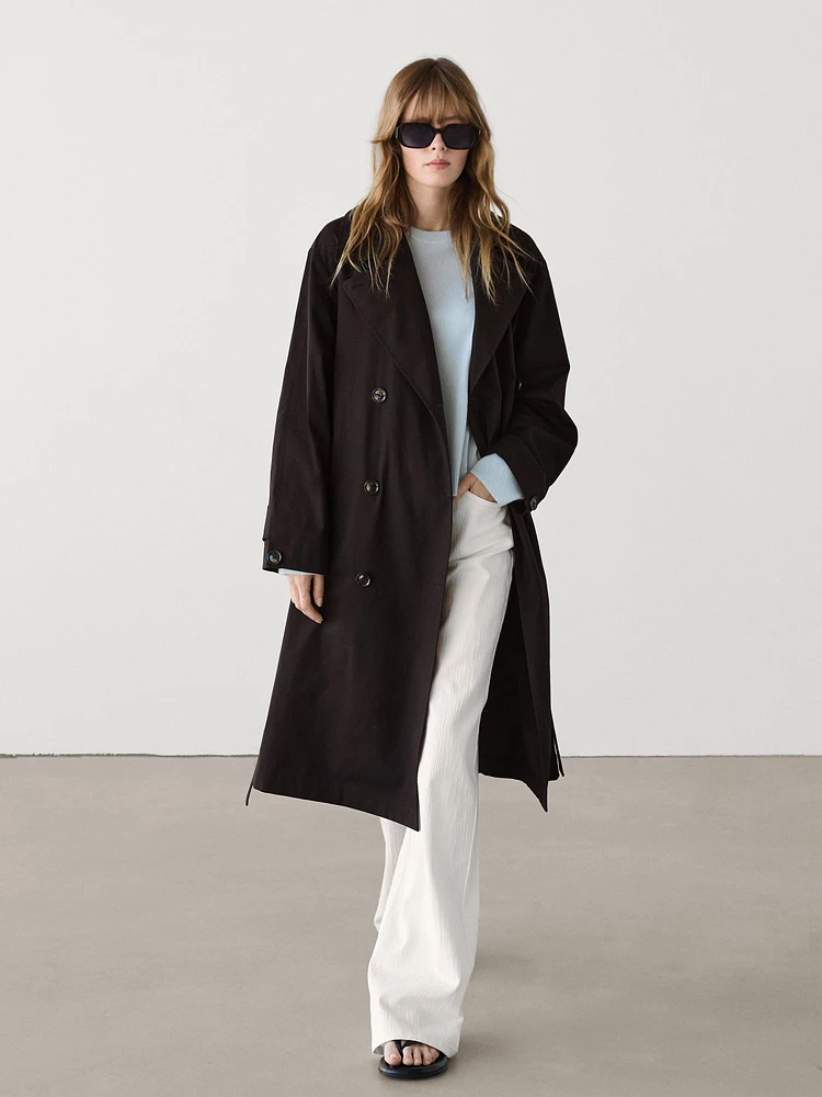 Long trench coat with belt and yoke detail