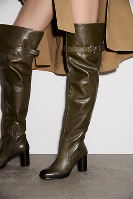 HEELED LEATHER KNEE HIGH BOOTS