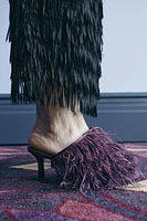 FEATHERY HEELED OPEN BACK SHOES