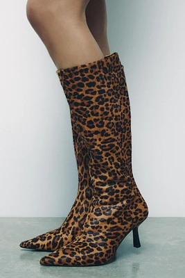 ANIMAL PRINT HEELED LEATHER BOOTS