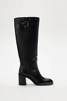 BUCKLED KNEE HIGH HEELED BOOTS