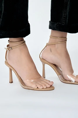 HIGH HEELED VINYL ANKLE STRAP SANDALS