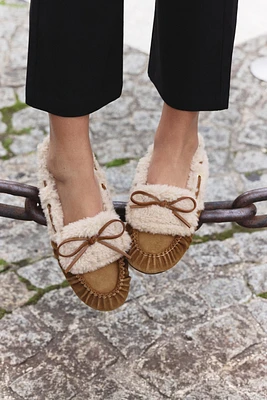 SUEDE LEATHER FAUX FUR FLAT SHOES