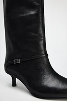 KITTEN HEEL BUCKLED LEATHER BOOTS