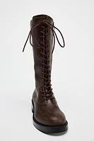 LACE-UP FLAT LEATHER BOOTS