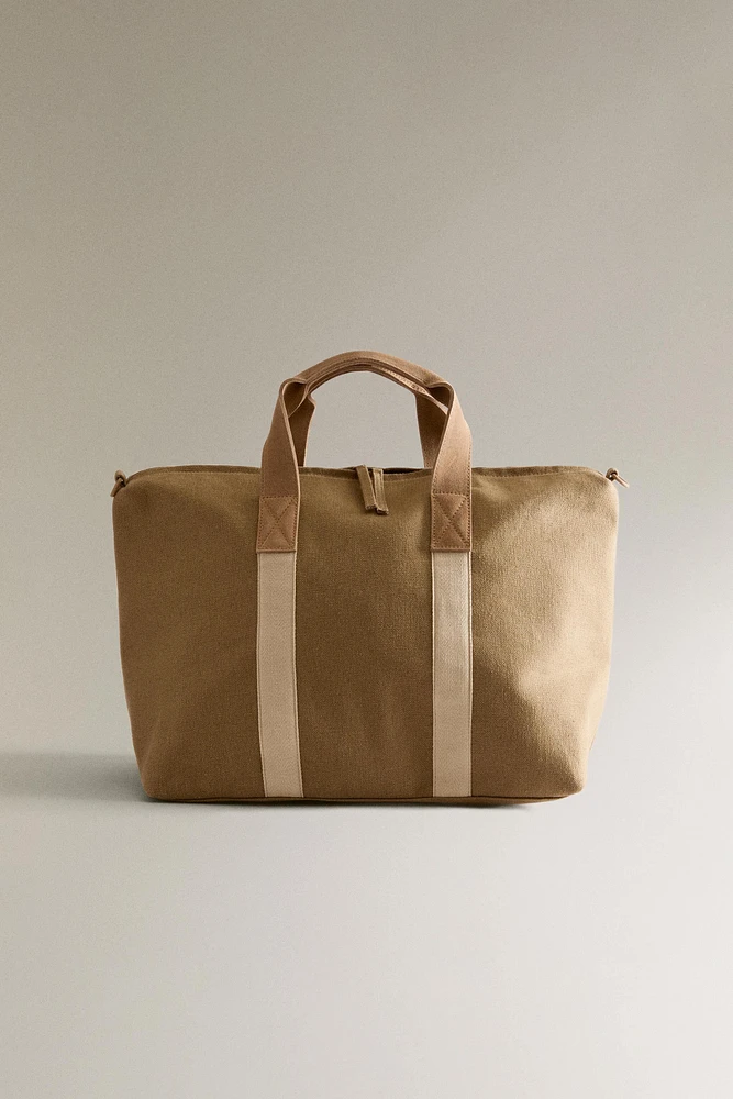 FABRIC WEEKENDER BAG WITH LEATHER DETAIL