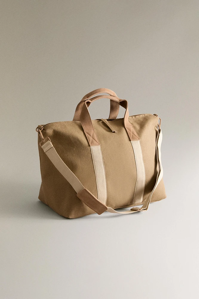 FABRIC WEEKENDER BAG WITH LEATHER DETAIL