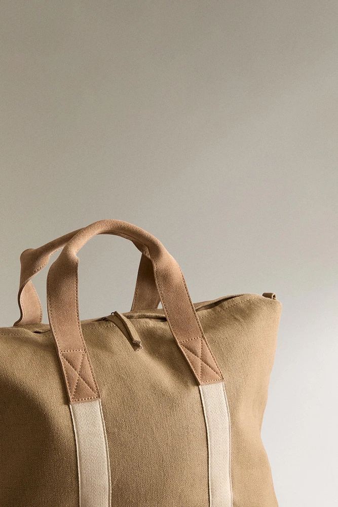 FABRIC WEEKENDER BAG WITH LEATHER DETAIL