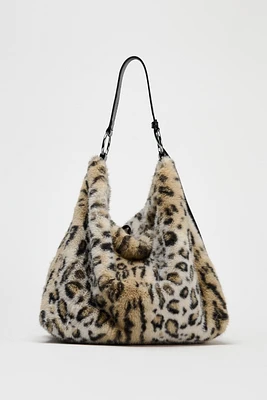 FAUX FUR ANIMAL PRINT TOTE BAG