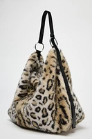 FAUX FUR ANIMAL PRINT TOTE BAG