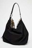 FAUX FUR ANIMAL PRINT TOTE BAG