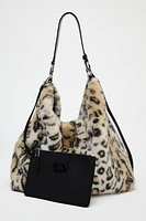 FAUX FUR ANIMAL PRINT TOTE BAG