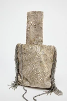 FRINGED SEQUIN MINI BUCKET BAG