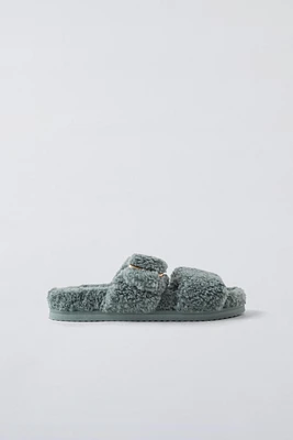 FAUX SHEARLING BUCKLED SLIPPERS