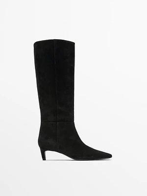 Split leather heeled boots