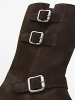 Flat split leather ankle boots with buckles