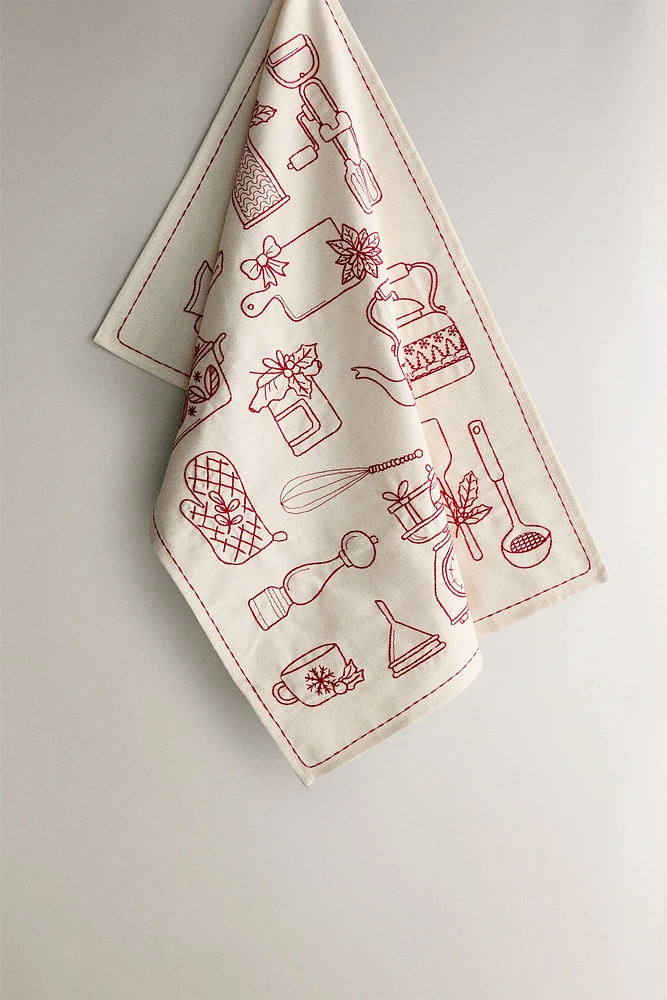 CHRISTMAS COTTON KITCHEN TOWEL WITH UTENSIL PRINT