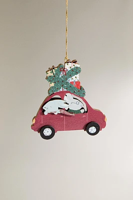 WOODEN CAR WITH RABBITS CHRISTMAS TREE ORNAMENT