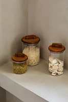 BOROSILICATE GLASS AND WOOD STORAGE JAR