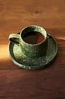 GREEN STONEWARE COFFEE CUP AND SAUCER