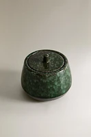 GREEN STONEWARE SUGAR BOWL