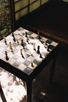 TEAK SIDE TABLE WITH MARBLE CHESS TOP