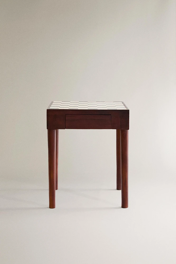 TEAK SIDE TABLE WITH MARBLE CHESS TOP