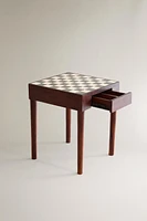 TEAK SIDE TABLE WITH MARBLE CHESS TOP