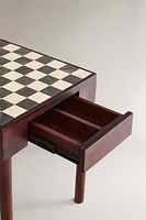 TEAK SIDE TABLE WITH MARBLE CHESS TOP