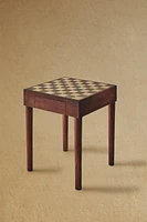 TEAK SIDE TABLE WITH MARBLE CHESS TOP