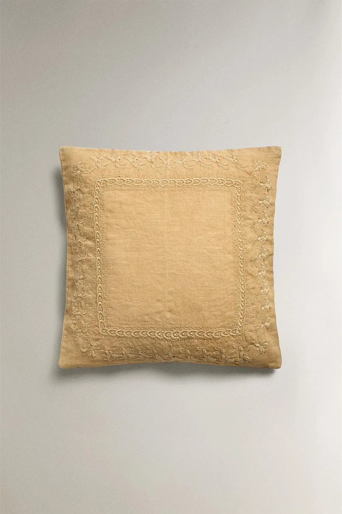 EMBROIDERED LINEN THROW PILLOW COVER