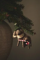 WOOL DOG WITH CANDY CANE CHRISTMAS TREE ORNAMENT