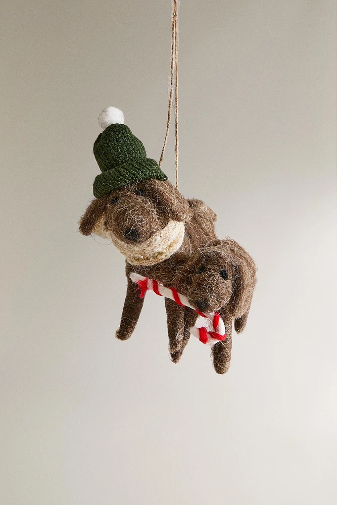 WOOL DOG WITH CANDY CANE CHRISTMAS TREE ORNAMENT