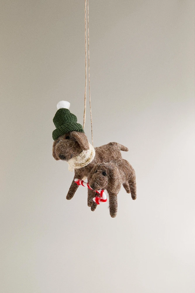 WOOL DOG WITH CANDY CANE CHRISTMAS TREE ORNAMENT