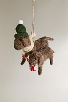 WOOL DOG WITH CANDY CANE CHRISTMAS TREE ORNAMENT