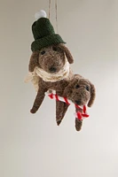 WOOL DOG WITH CANDY CANE CHRISTMAS TREE ORNAMENT