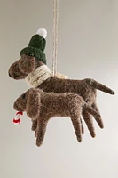 WOOL DOG WITH CANDY CANE CHRISTMAS TREE ORNAMENT