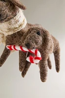 WOOL DOG WITH CANDY CANE CHRISTMAS TREE ORNAMENT