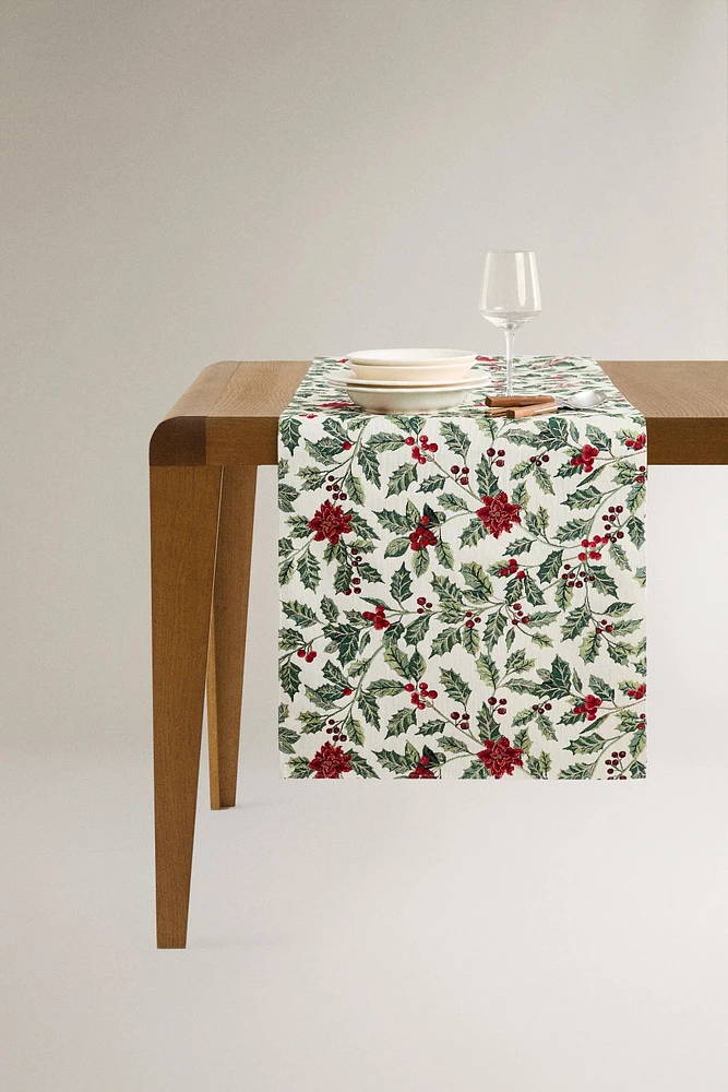 CHRISTMAS POINSETTIA JACQUARD TABLE RUNNER